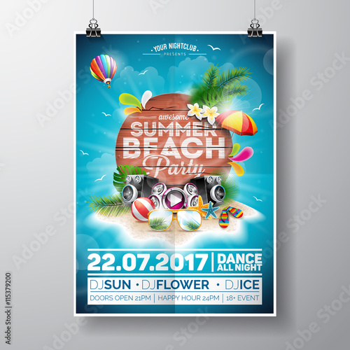 Vector Summer Beach Party Flyer Design with typographic elements on wood texture background. Summer nature floral elements and sunglasses.