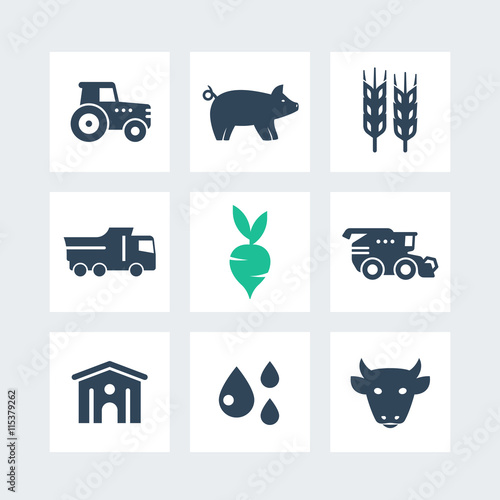 Agriculture, farming icons, agrimotor, harvest, cattle, hangar, agricultural machinery, vector illustration