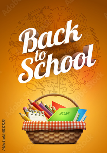 Back to school poster with school supplies basket