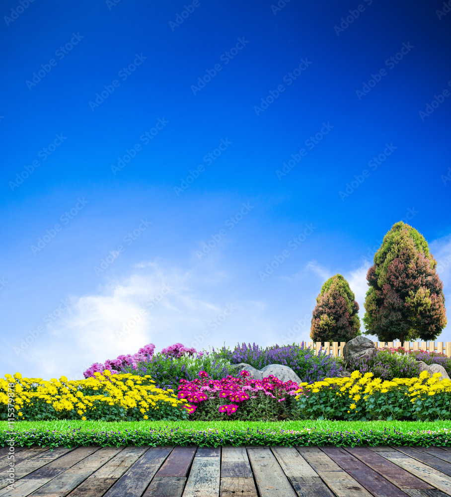 Beautiful garden on blue sky, Flower garden Stock Photo | Adobe Stock