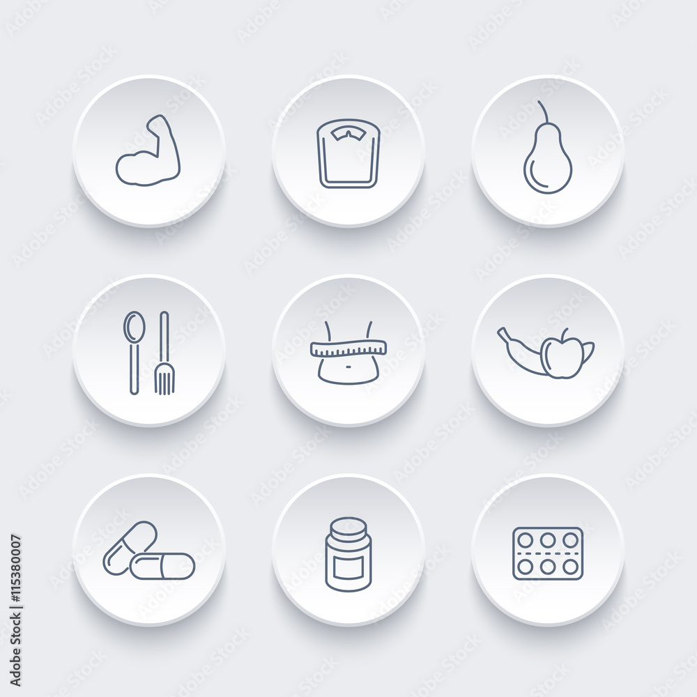 Diet, nutrition, dietary supplements line icons set Diet, nutrition, dietary supplements line icons set