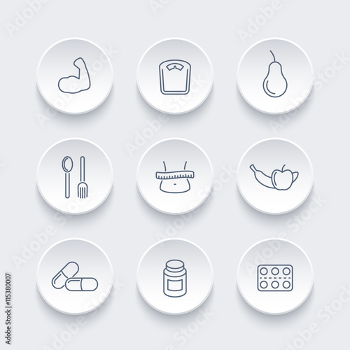 Diet, nutrition, dietary supplements line icons set