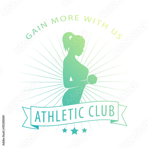 gain more with us, emblem with posing athletic girl, fitness logo on white