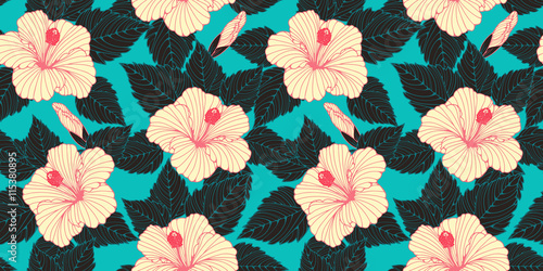 hibiscus flowers seamless pattern in pink, ivory, and blue shades