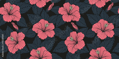 hibiscus flowers seamless pattern in dark gray, black, and pink