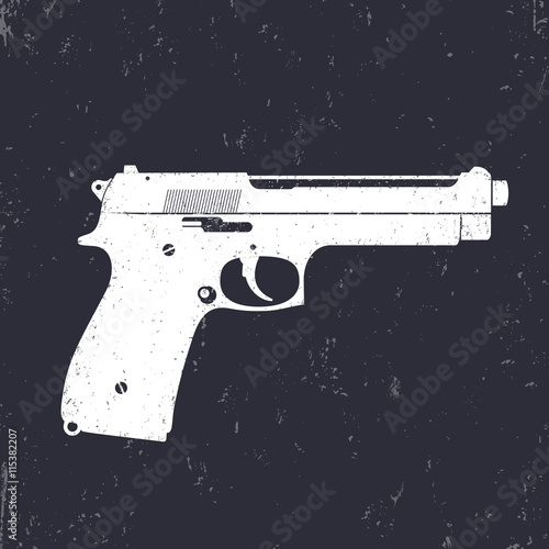 pistol, gun, modern semi-automatic handgun, white on dark, vector illustration