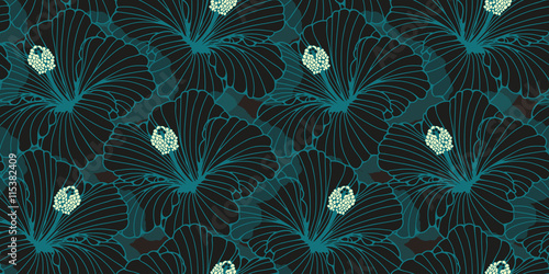 tangled hibiscus flowers seamless pattern in dark blue shades and white