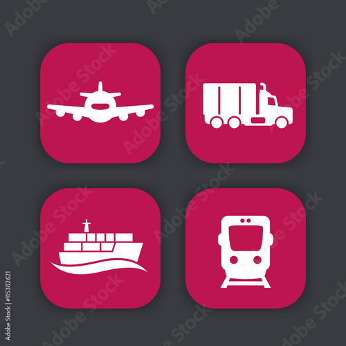 transportation industry icons, truck, cargo train, airplane, maritime transport, vector illustration