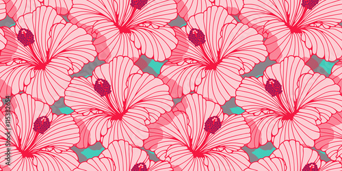 tangled hibiscus flowers seamless pattern in pink, red and blue