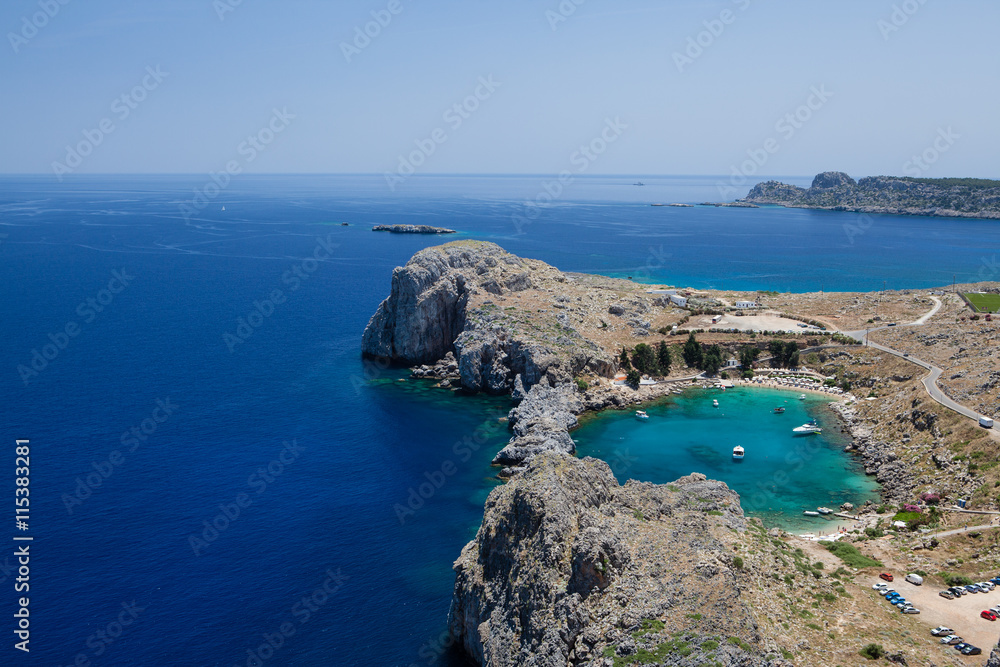 Aerial view of St Pauls bay, Lindos, Phodes, Greece
