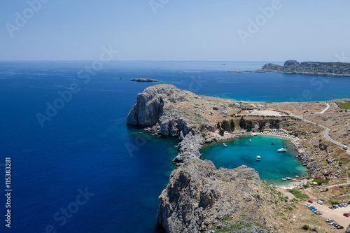 Aerial view of St Pauls bay, Lindos, Phodes, Greece 