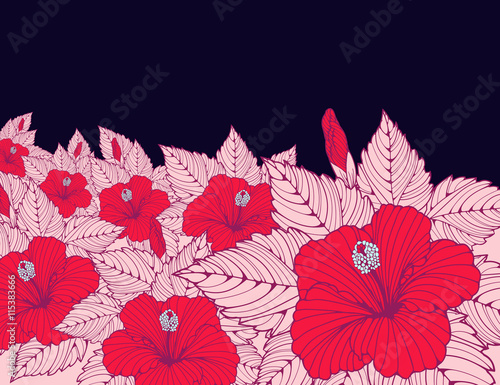 a poster background with a field of hibiscus flowers in red, pink and black