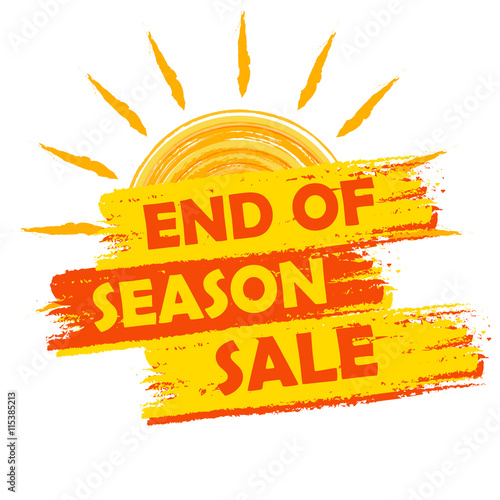 end of season sale with summer sun sign, yellow and orange drawn