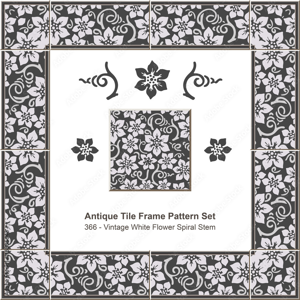 Antique tile frame pattern set_366 Vintage White Flower Spiral Stem
