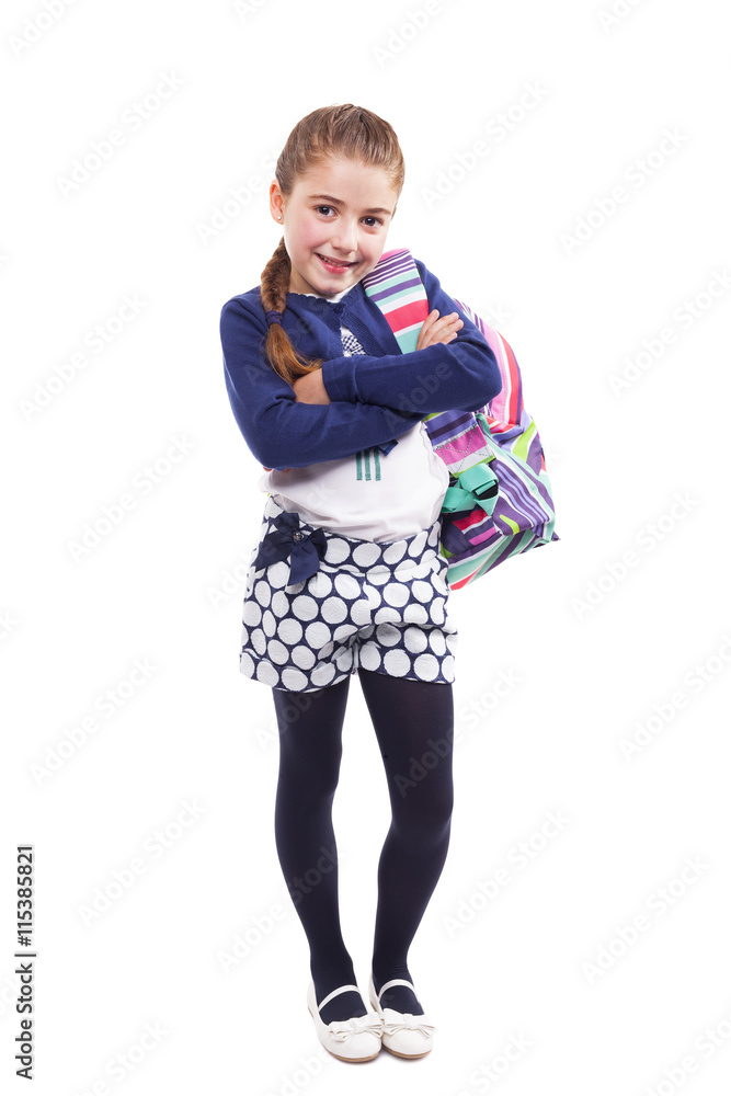 Full lenght portrait of a little student girl carrying backpack Full lenght portrait of a little student girl carrying backpack