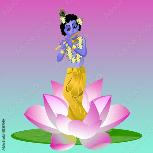 Krishna and the Lotus. Krishna plays the flute vector illustration