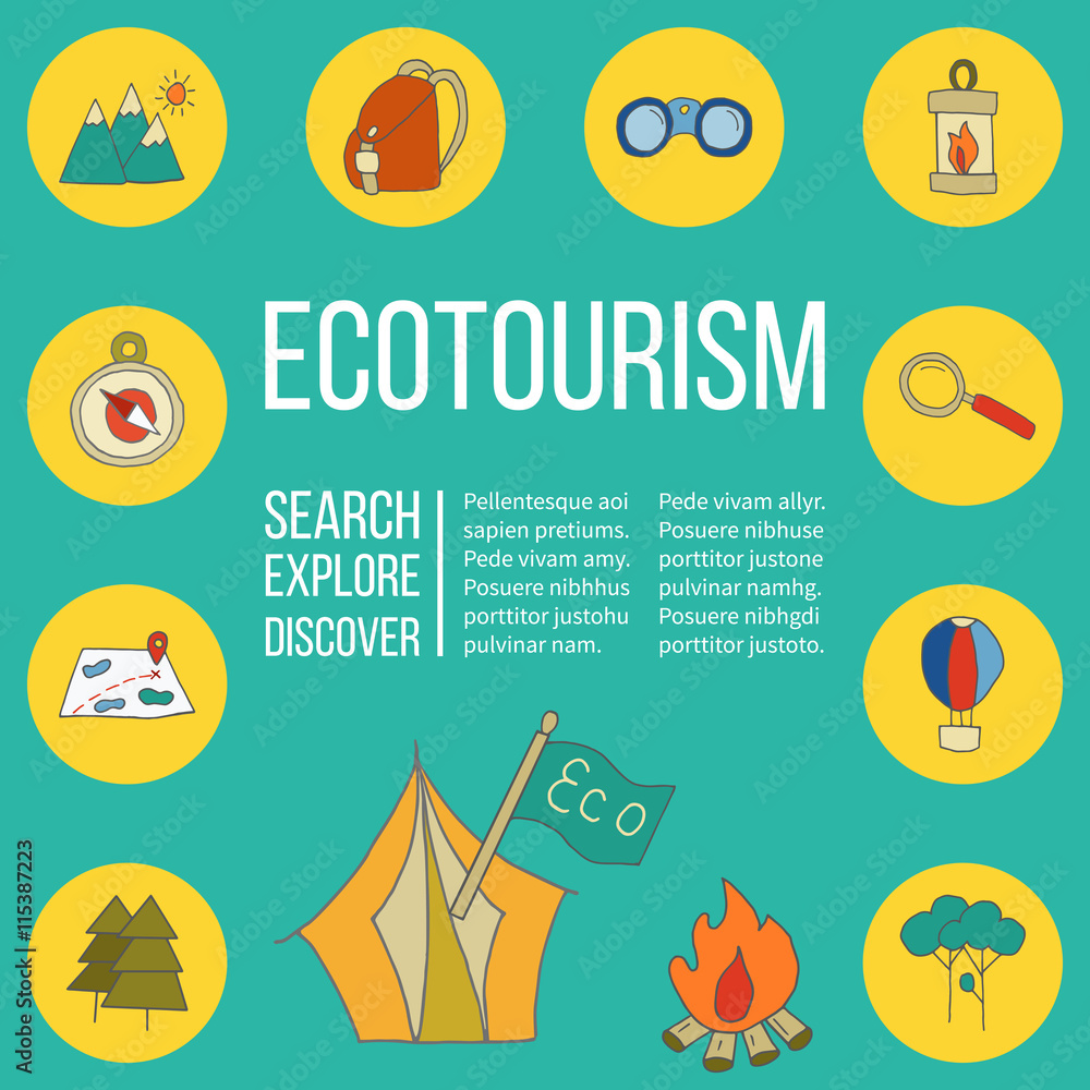 Ecotourism poster template with hand drawn doodle design elements. Mountains tent backpack binocular hot air balloon camping lantern magnifying glass tree bonfire map compass flag. Vector illustration