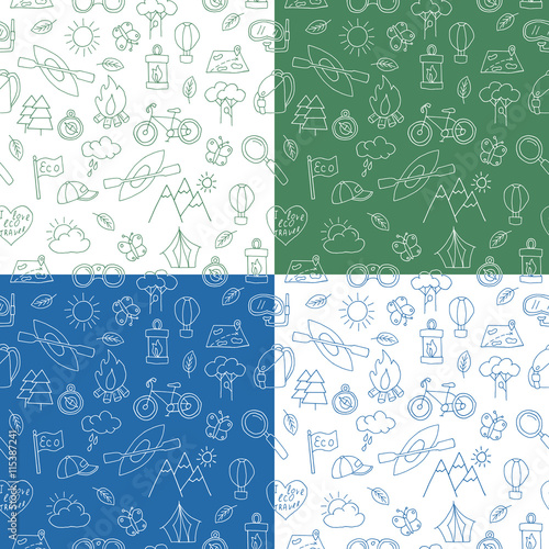 Seamless pattern of hand drawn doodle ecotourism design elements. Mountains binocular baseball cap bicycle, magnifying glass diving snorkel mask, canoe, bonfire air balloon. Vector illustration.