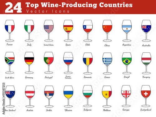 Collection of top wine producing countries pictograms. Wine glasses with national flags with names. Graphic design elements isolated on white background. Colorful flat design style vector illustration