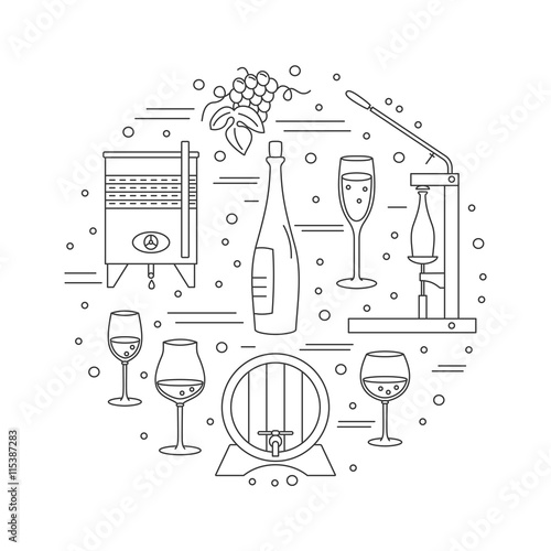 Round composition with winery symbols. Grapes, wine bottle corker, oak barrel, wine bottle, wine glass, wine tank. Vector graphic design elements isolated on white background. photo