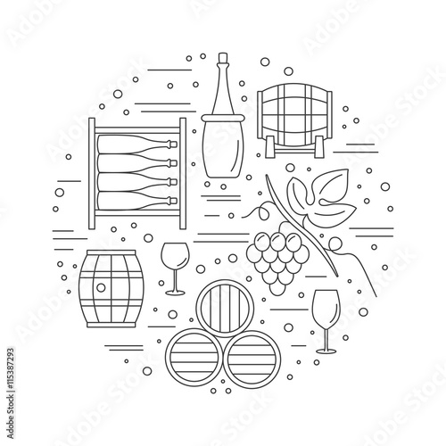 Round composition with winery symbols. Grapes, oak barrel, wine bottle, wine glass, wine tank, wine storage cellar. Vector graphic design elements isolated on white background.