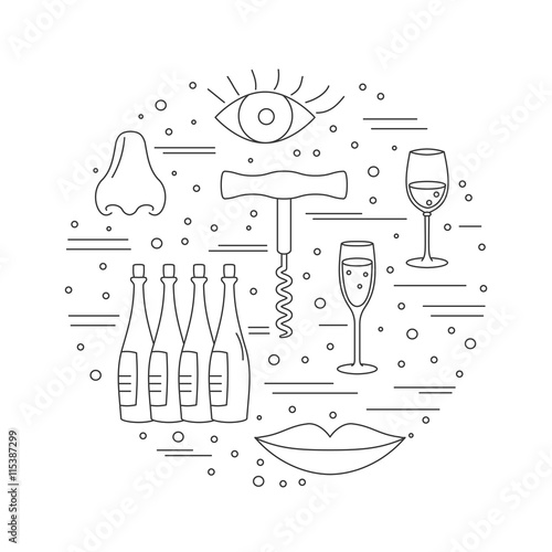 Round composition with winery symbols. Corkscrew, eye, lips, nose, wine glasses, wine bottles. Vector graphic design elements isolated on white background.