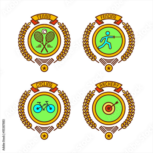  Emblems of sports clubs. Tennis, fencing, Cycling, archery. Vector illustration