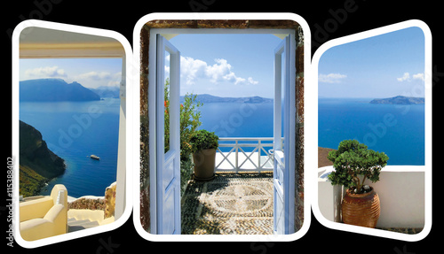 The open gate and stairs, leading to sea. set from views in Oia, Santorini, Greece