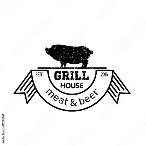 Grill house. Meat and beer. Vintage logo grilled pork. Logo for a cafe, beer restaurant. barbecue