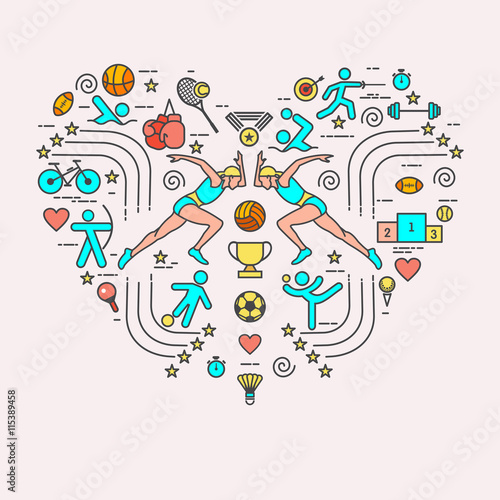  I love the sport. Sports infographics. The set of elements and icons for print on t-shirts in the shape of a heart. Different types of sports.