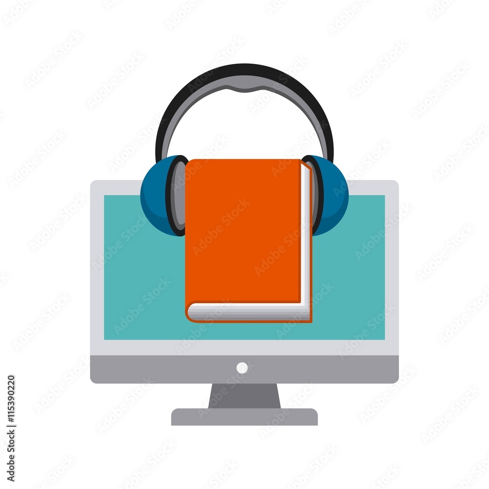 Computer, Book and Headphone icon. Audiobooks design. Vector gra Computer, Book and Headphone icon. Audiobooks design. Vector gra