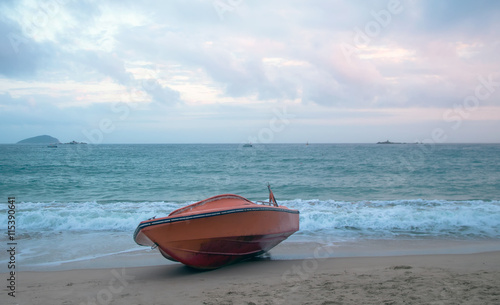 Lifeboat in the sea, view from Yalong bay in Sanya bay, Hainan province, China. Foreign text means Lifeboat. 