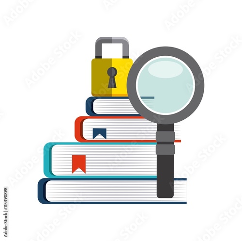 Book, lupe and padlock icon. Copyright design. Vector graphic