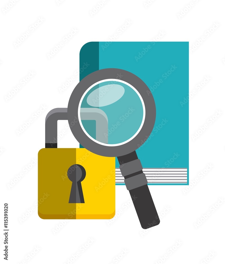 Book, lupe and padlock icon. Copyright design. Vector graphic Book, lupe and padlock icon. Copyright design. Vector graphic