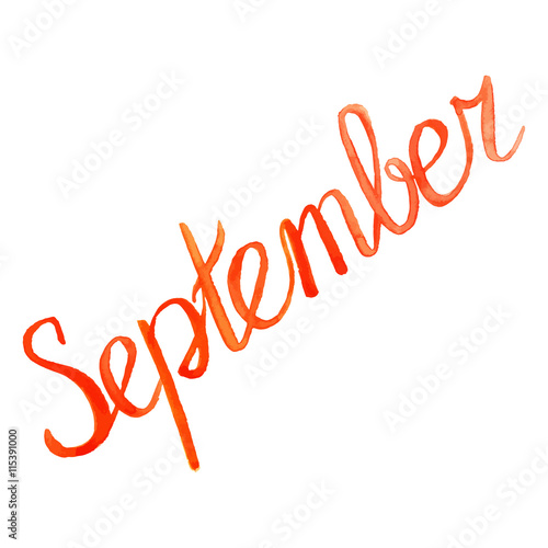 Watercolor september month orange red lettering typographic word isolated vector