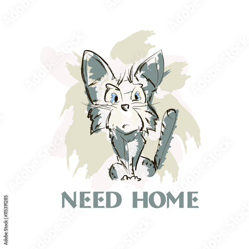 Simple hand drawn sketch kitten vector illustration. Cat need ho