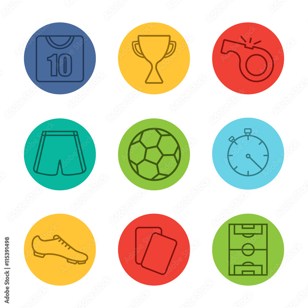 Soccer equipment linear icons set