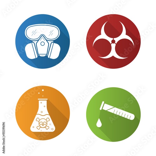 Chemical industry flat design long shadow icons set