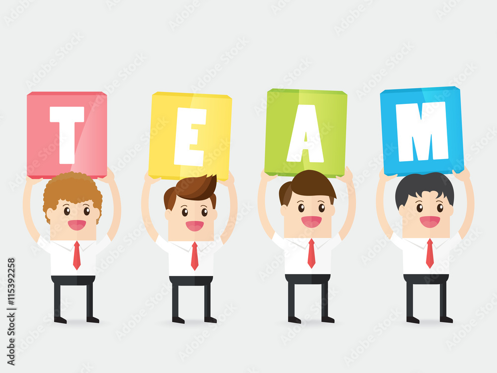 group of businesspeople carrying colourful cubic box with word TEAM. concept of teamwork group of businesspeople carrying colourful cubic box with word TEAM. concept of teamwork