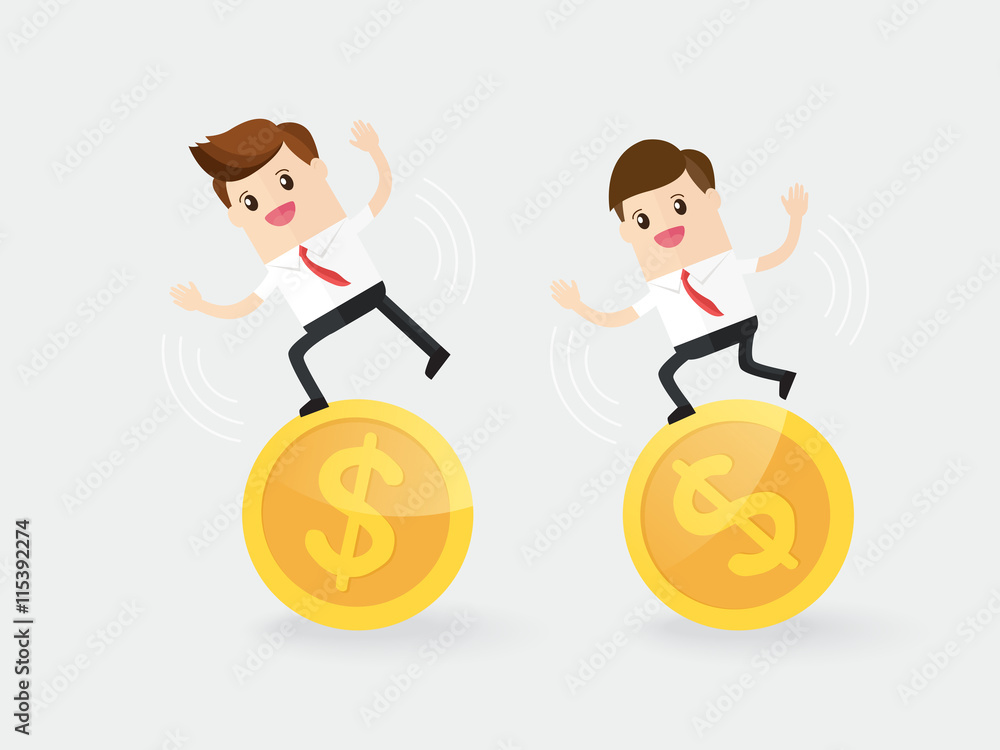 businessman with coworker trying to stand on gold coin businessman with coworker trying to stand on gold coin