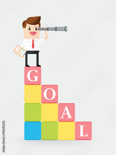 business management. businessman or employee standing on staircase blocks and using telescope searching for opportunities