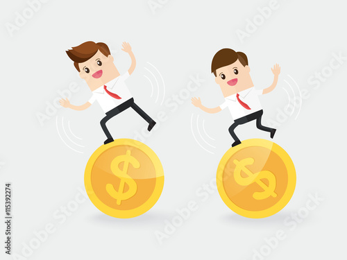 businessman with coworker trying to stand on gold coin