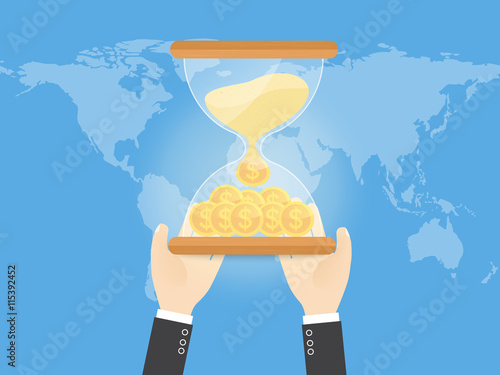 hands of businessman with hourglass filled with coin of gold. time is money. long term investment. saving more