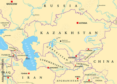 Caucasus and Central Asia political map with countries  their capitals  national borders  important cities  rivers and lakes. English labeling. Illustration.