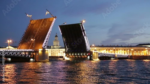 raise Palace Bridge across river Neva and Kunstkamera, Saint-Petersburg, Russia
