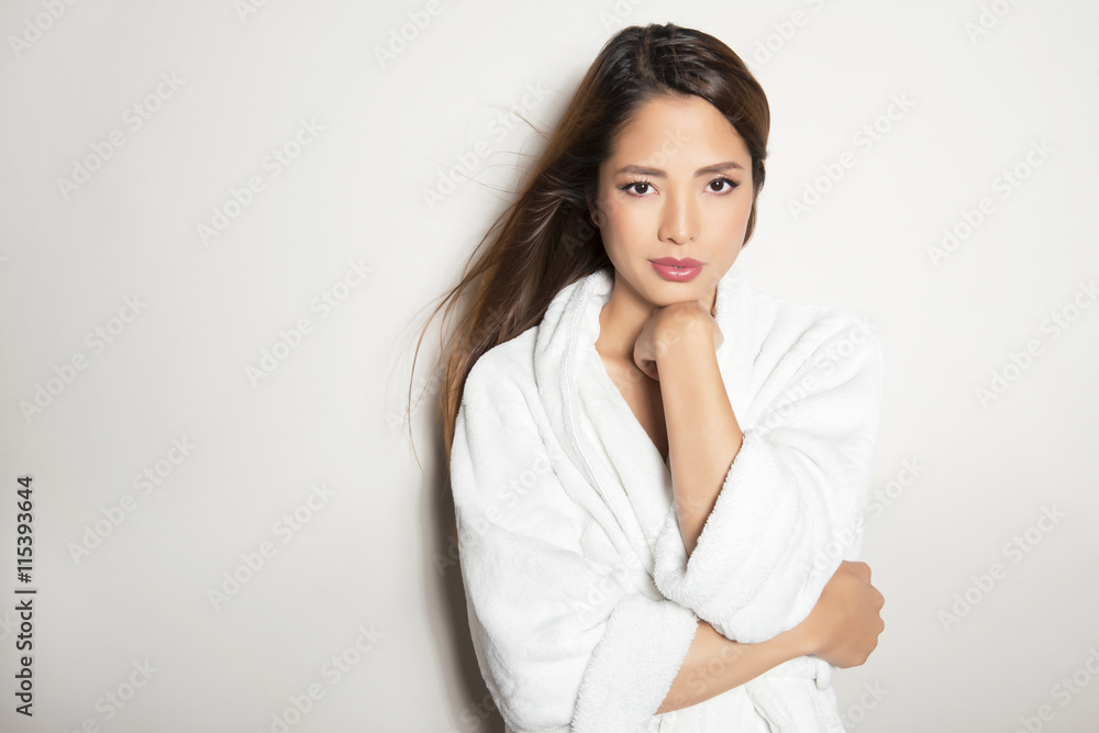 beautiful young asian woman with flawless skin and long hair posing in bath robe beautiful young asian woman with flawless skin and long hair posing in bath robe