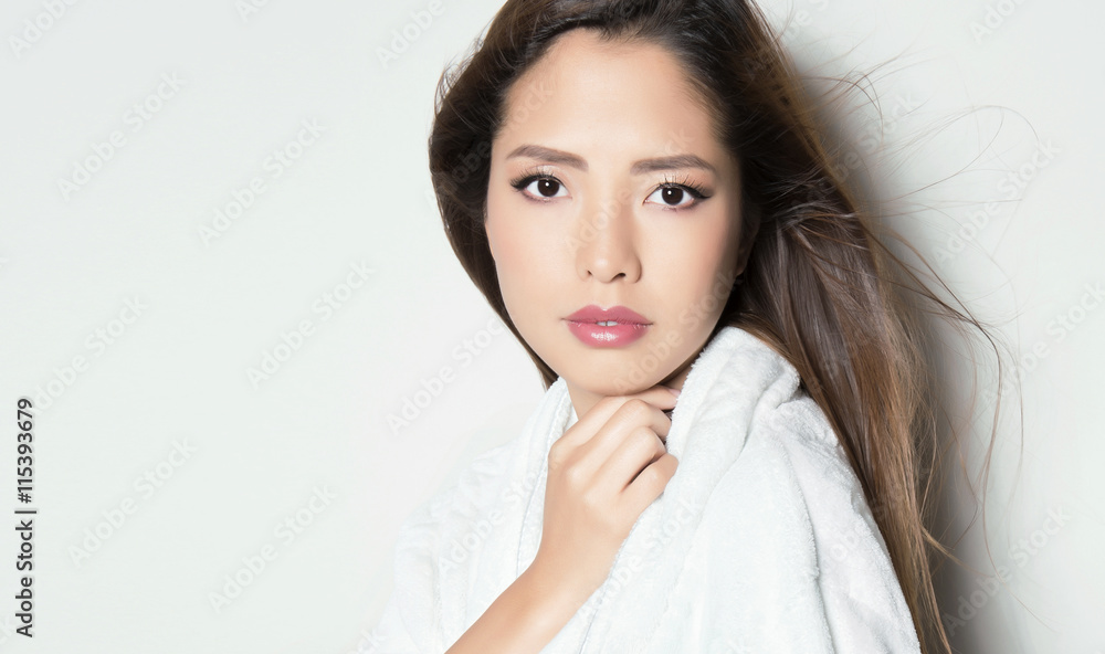 beautiful young asian woman with flawless skin and long hair posing in bath robe beautiful young asian woman with flawless skin and long hair posing in bath robe