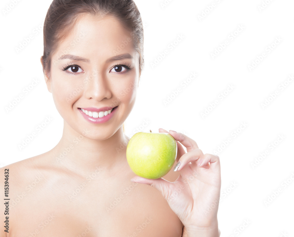 beautiful young asian woman with long hair, flawless skin and perfect make-up, holding apple beautiful young asian woman with long hair, flawless skin and perfect make-up, holding apple