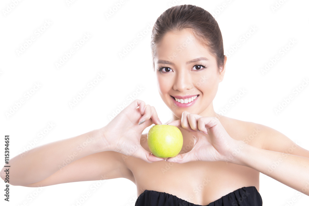 beautiful young asian woman with long hair, flawless skin and perfect make-up, holding apple beautiful young asian woman with long hair, flawless skin and perfect make-up, holding apple