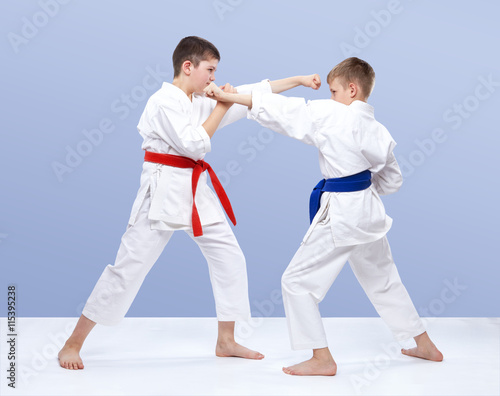 Two boys train strikes and blocks of hands